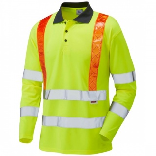 Leo Workwear P07-Y Bickleton Class 3 EcoViz Coolviz Sleeved Hi Vis Polo Shirt Yellow / Orange Braces